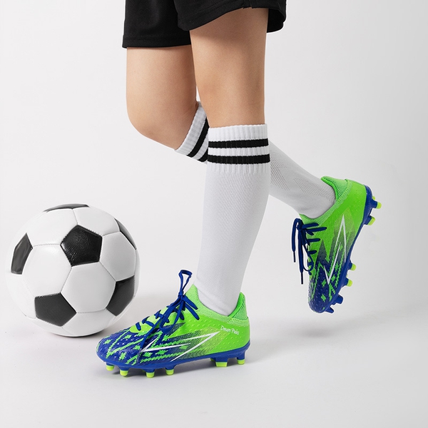 Boys' & Girls' Firm Groud Youth Soccer Cleats  - ROYAL BLUE NEON GREEN - 4
